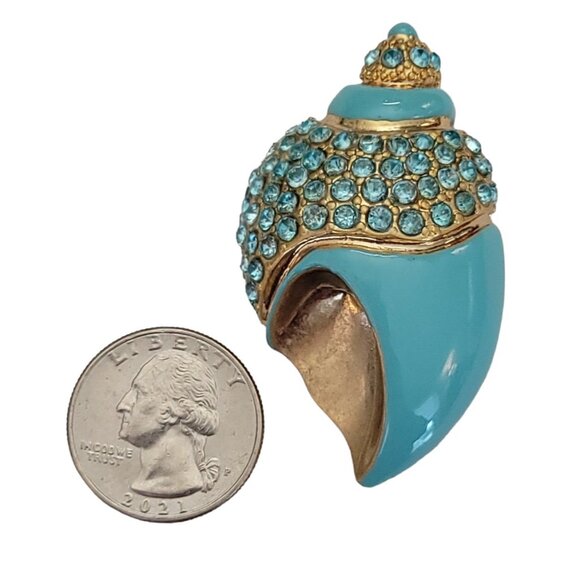 LC Liz Claiborne Teal, Robins Egg Enamel Seashell Blue Rhinestone Brooch, M732 - Picture 7 of 9